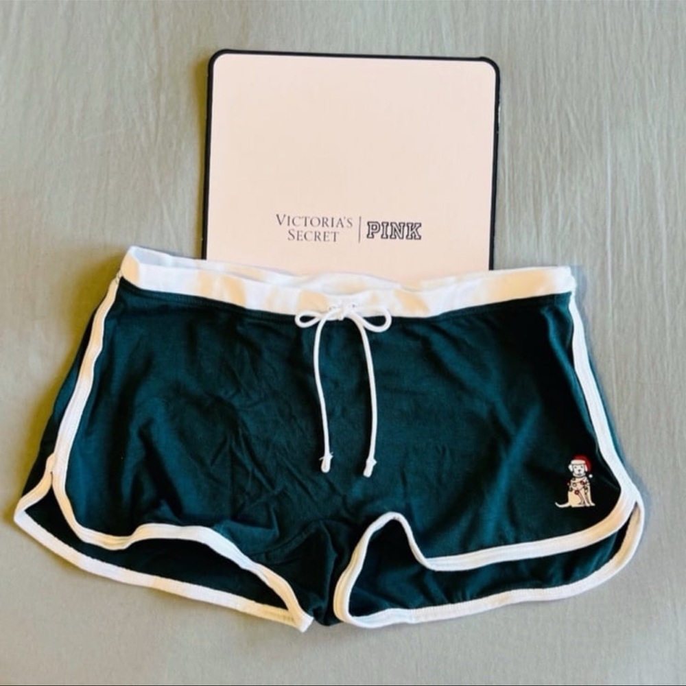 🎄🐶Victoria’s Secret PINK Cotton Dorm Boyshort Forest Green Dog Lights Graphic S